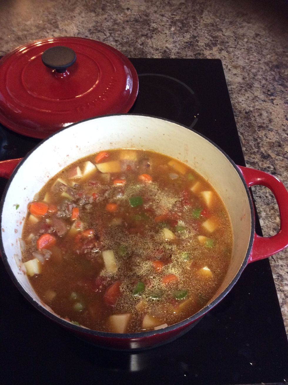 Add 3 cups of beef broth, stir to combine.