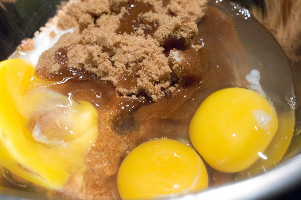 Add 3 eggs to your sugar mixture.