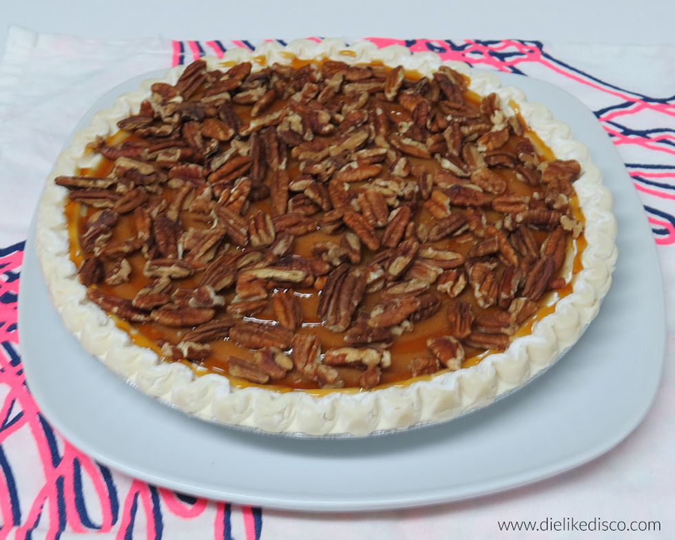 Add 3 ounces chopped pecans in a single layer on top of the honey. Pat them down slightly into the pie.