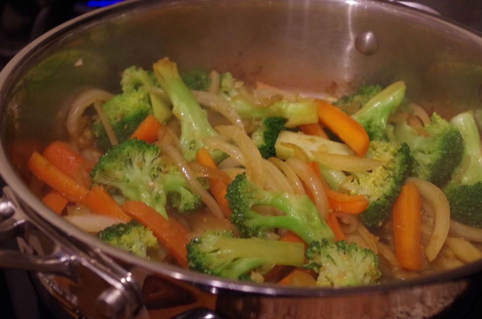 Add 3 tbsp tamari and 2 tbsp mirin and stir, cover the pot and let cook for a few minutes until the broccoli is fork tender.