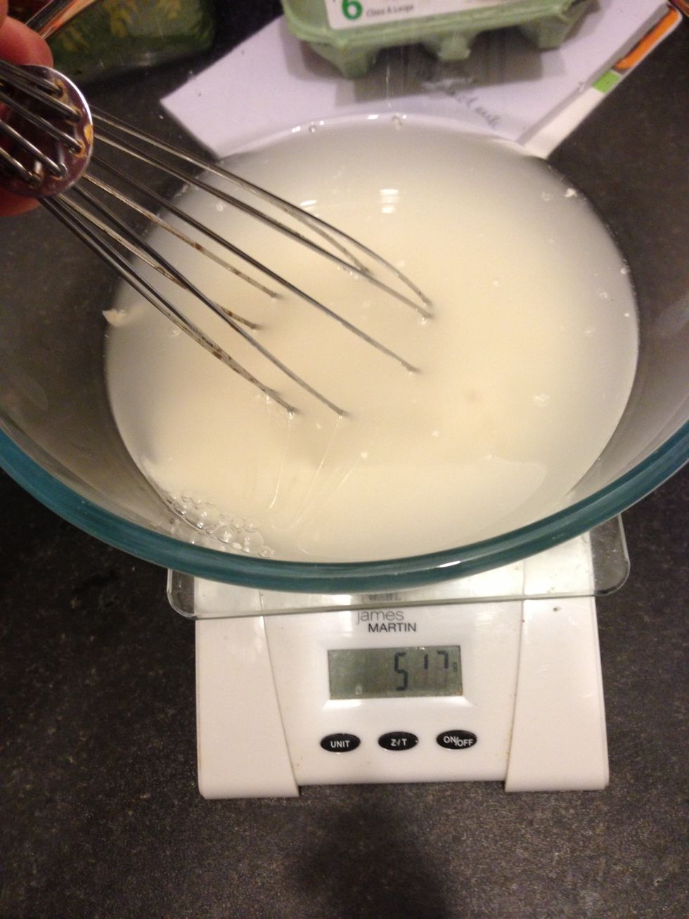 Add 300 mL of cold water to the mix and whisk gently.