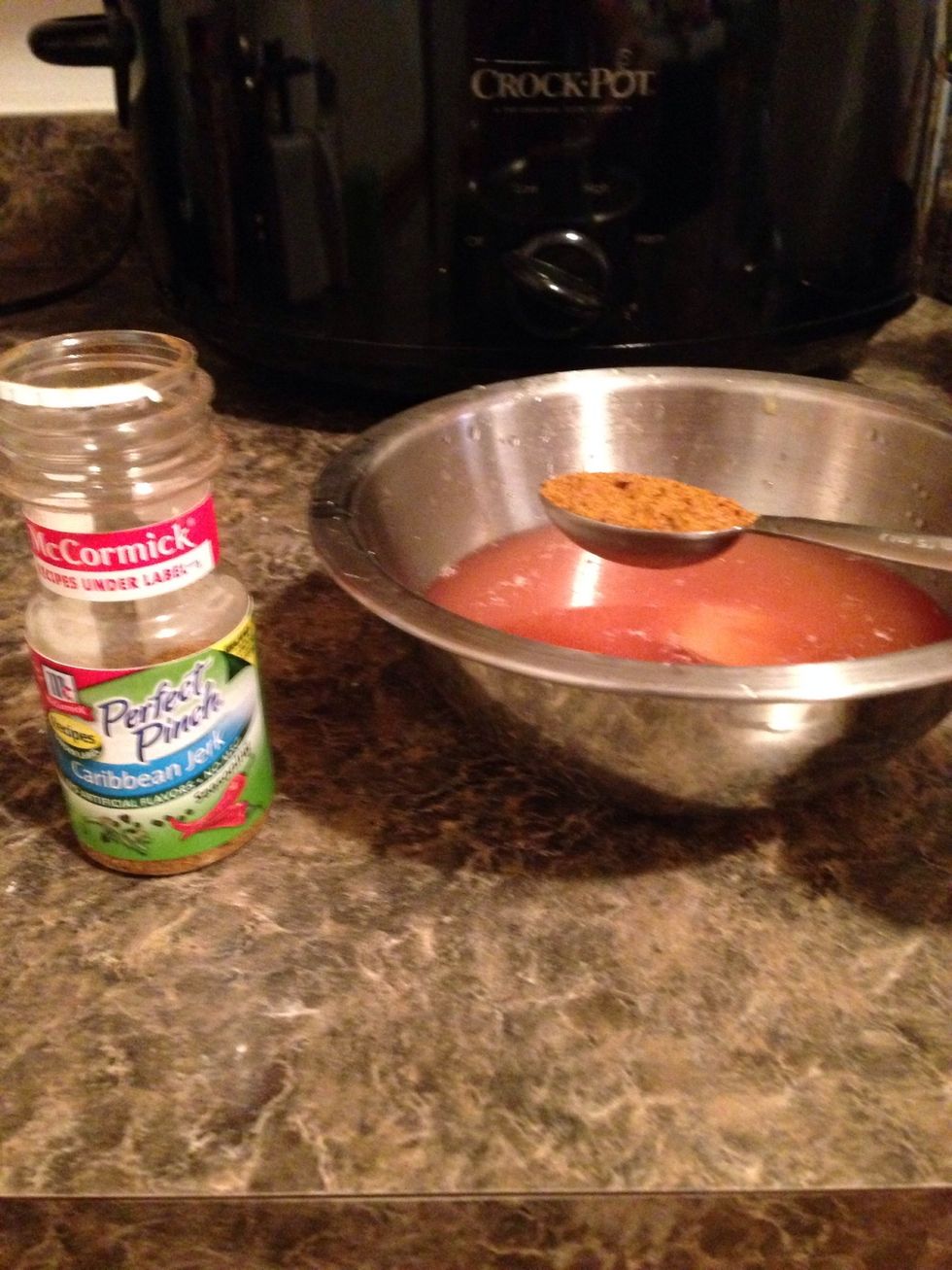 Add 4-6 teaspoons of the salt free jerk seasoning. I did 5 which will give it more of a spicy kick.