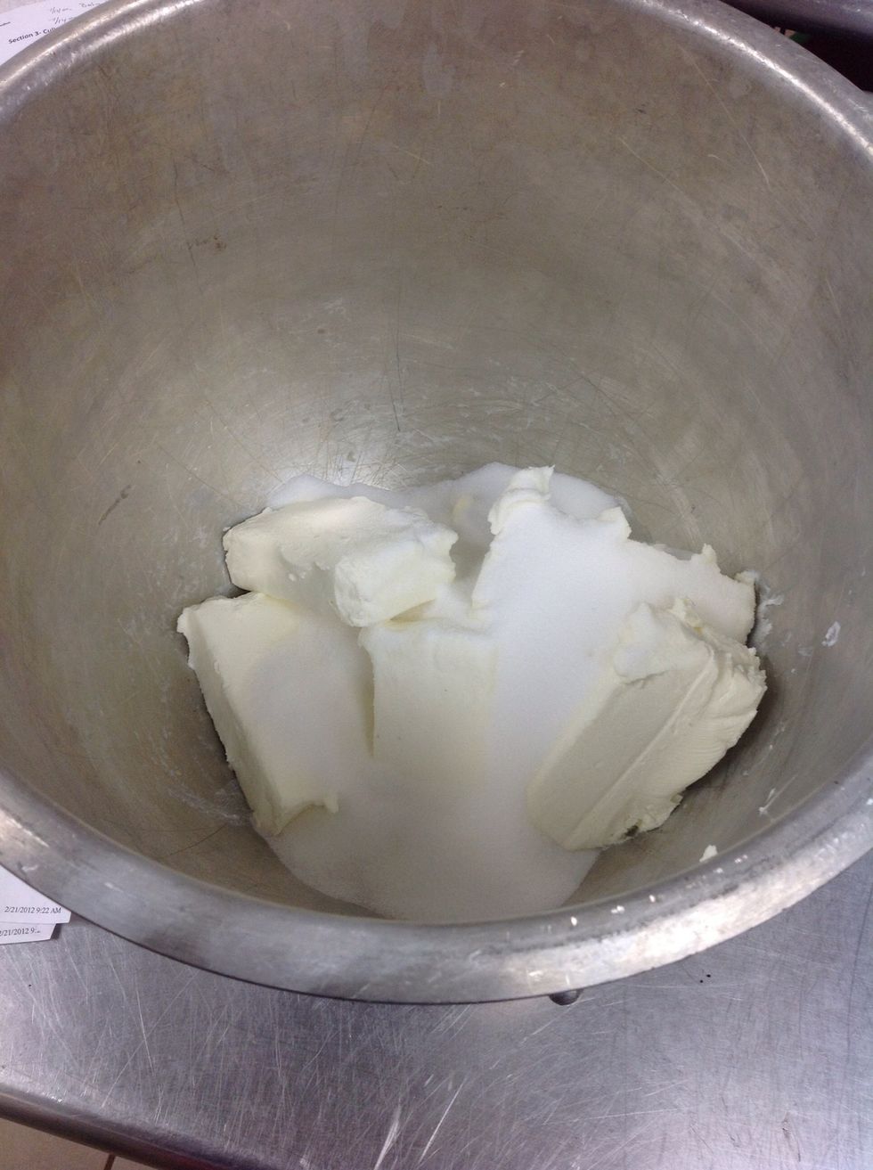 Add 4 (8oz) packages of cream cheese and 1-1/2 cups of sugar to a mixing bowl.