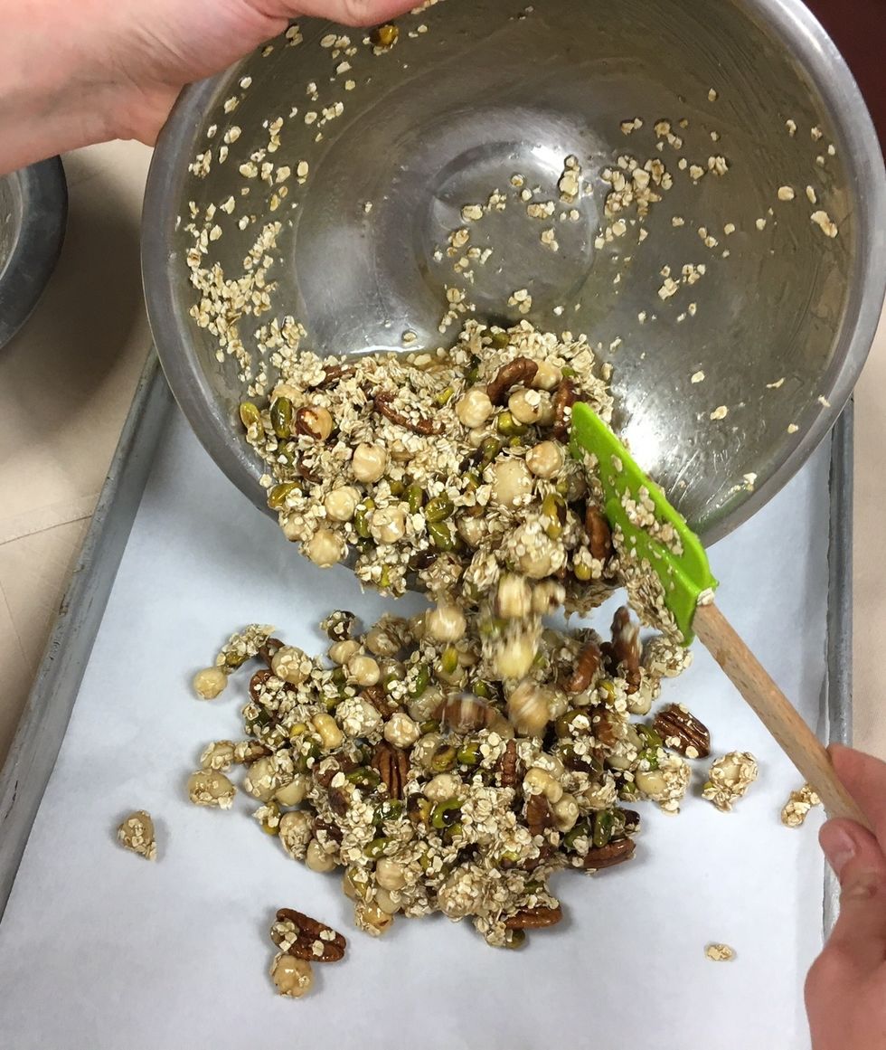 Add 40% of the liquid mixture to combine the cereals.