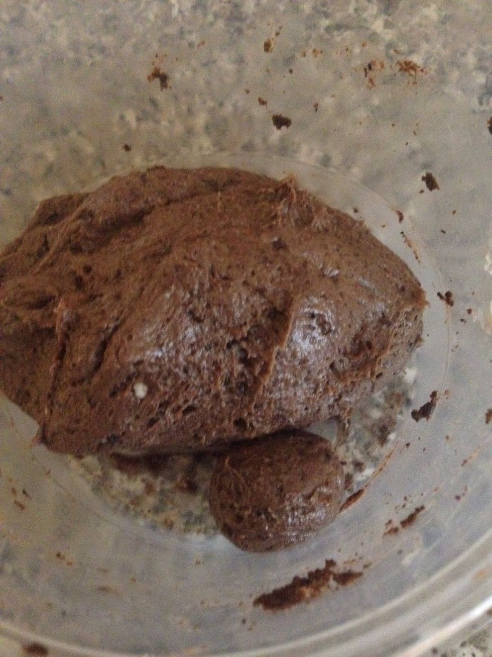 Add 4oz/half the container of creme cheese to crushed brownie. Mix well with hands until you no longer see the creme cheese... Plan on getting your hands dirty for a few mins