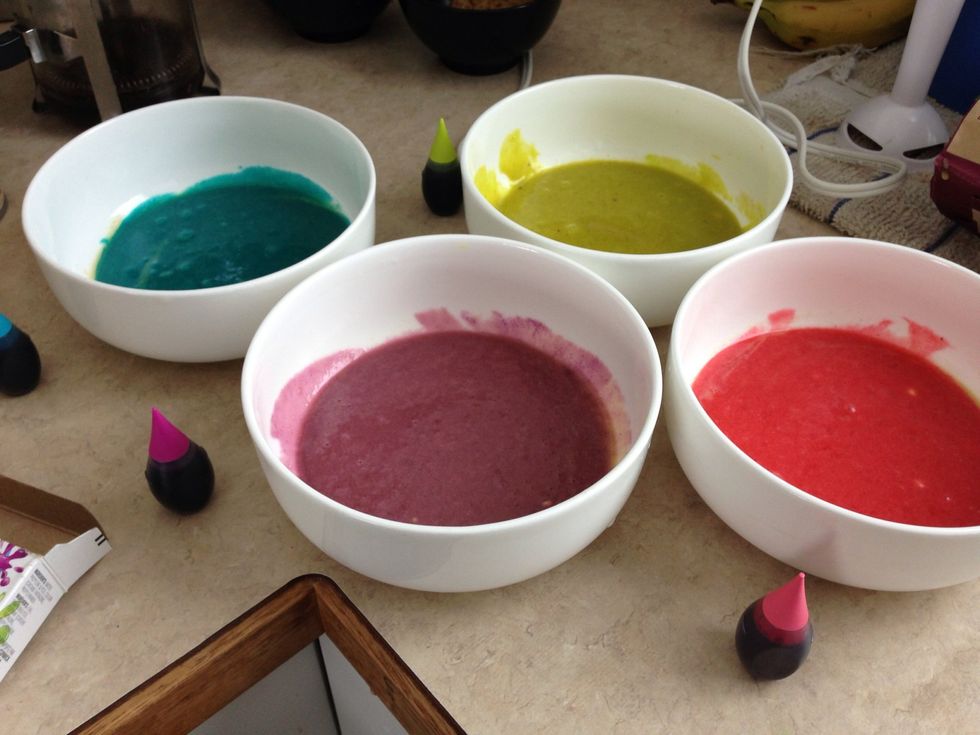 Add 5-6 drops of food colouring to each and Mix.