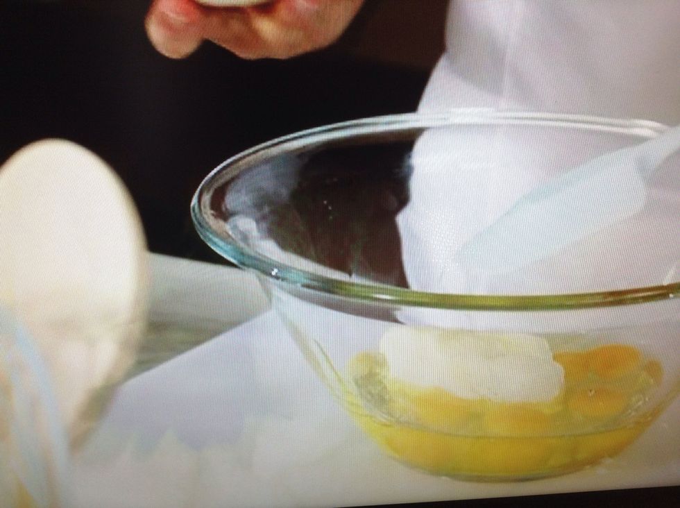 Add 6 eggs and 1cup of creme fraiche in a bowl and stirr them together