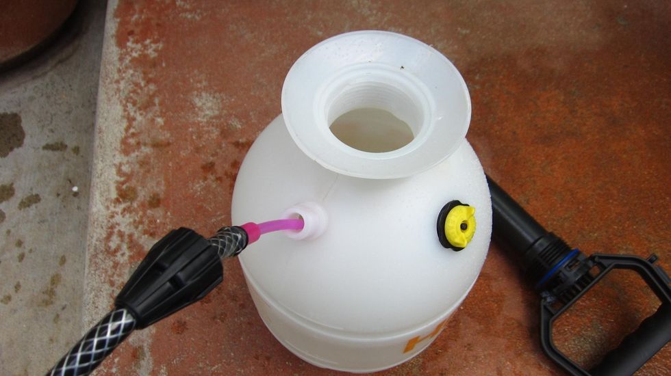 Add 8 teaspoons of Ceylon Cinnamon leaf into sprayer. Do not exceed 1% Cinnamon oil to 99% water as it will burn the plant. Next insert spray nozzle (shown in pink) and screw tightly.