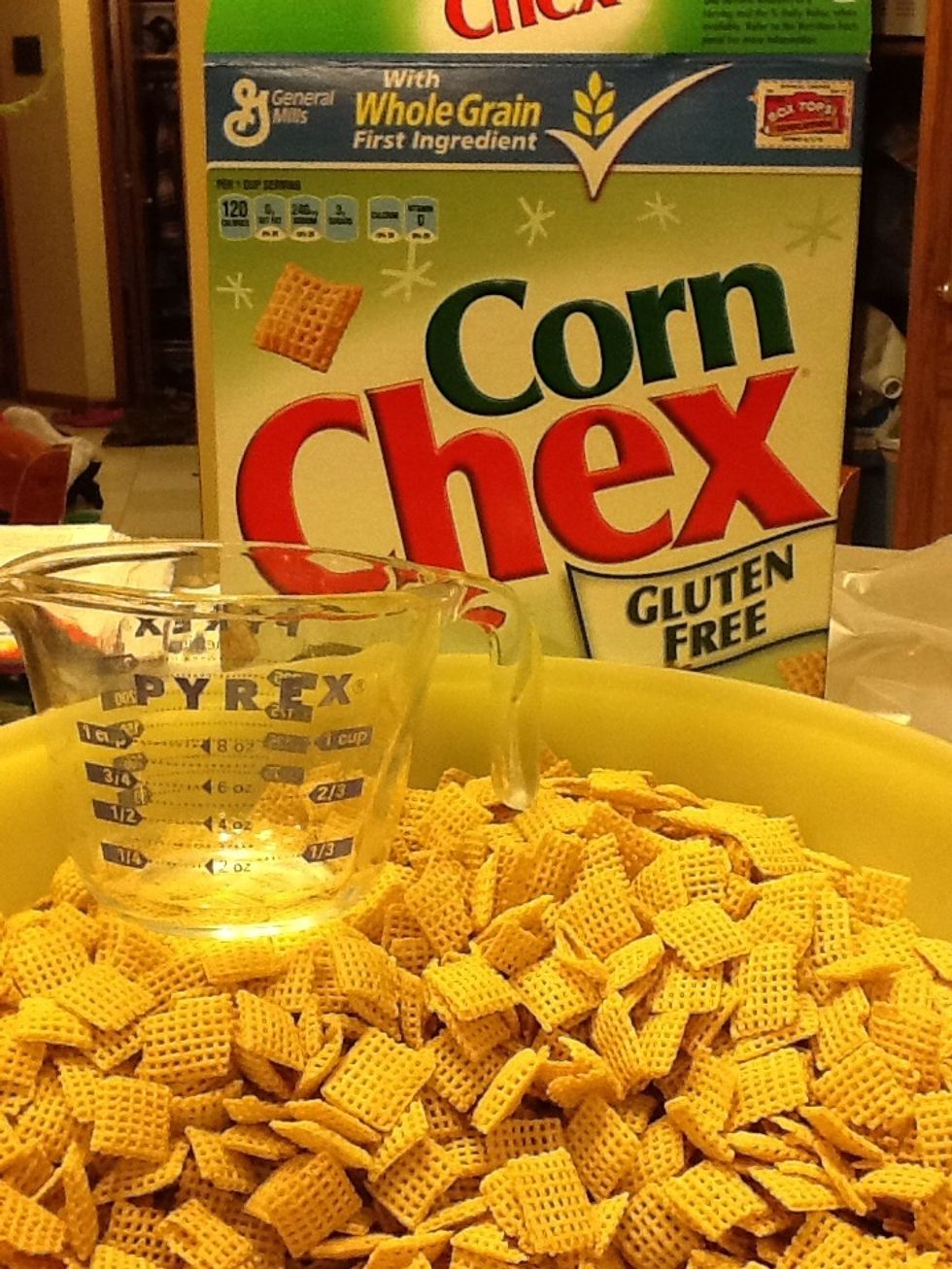 Add 9 cups of Chex Cereal to a large bowl. Then but that aside for a little bit.