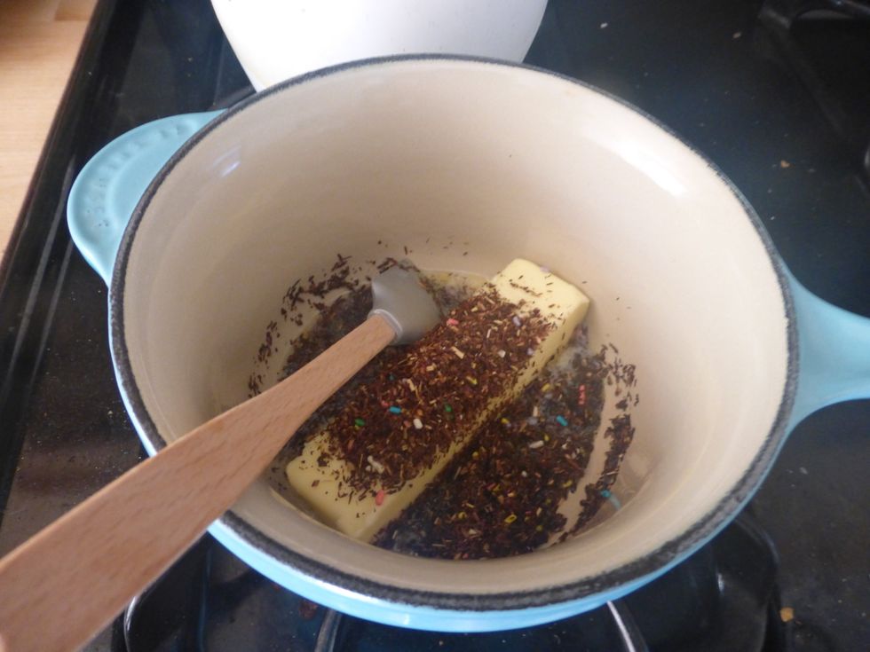 Add 9 Tablespoons of butter to medium size pot. Heat on low until all butter is melted. (I was clearly too impatient for this step)