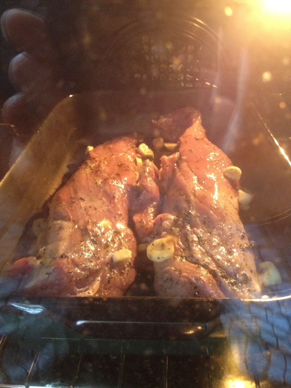 Add a bit of water so that the oil doesn't burn. Let it cook for 30 minutes at 250 C