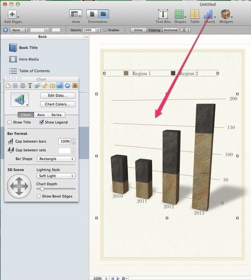 Add a chart to your page by dragging from the menu bar. Click on the inspector window to add data.