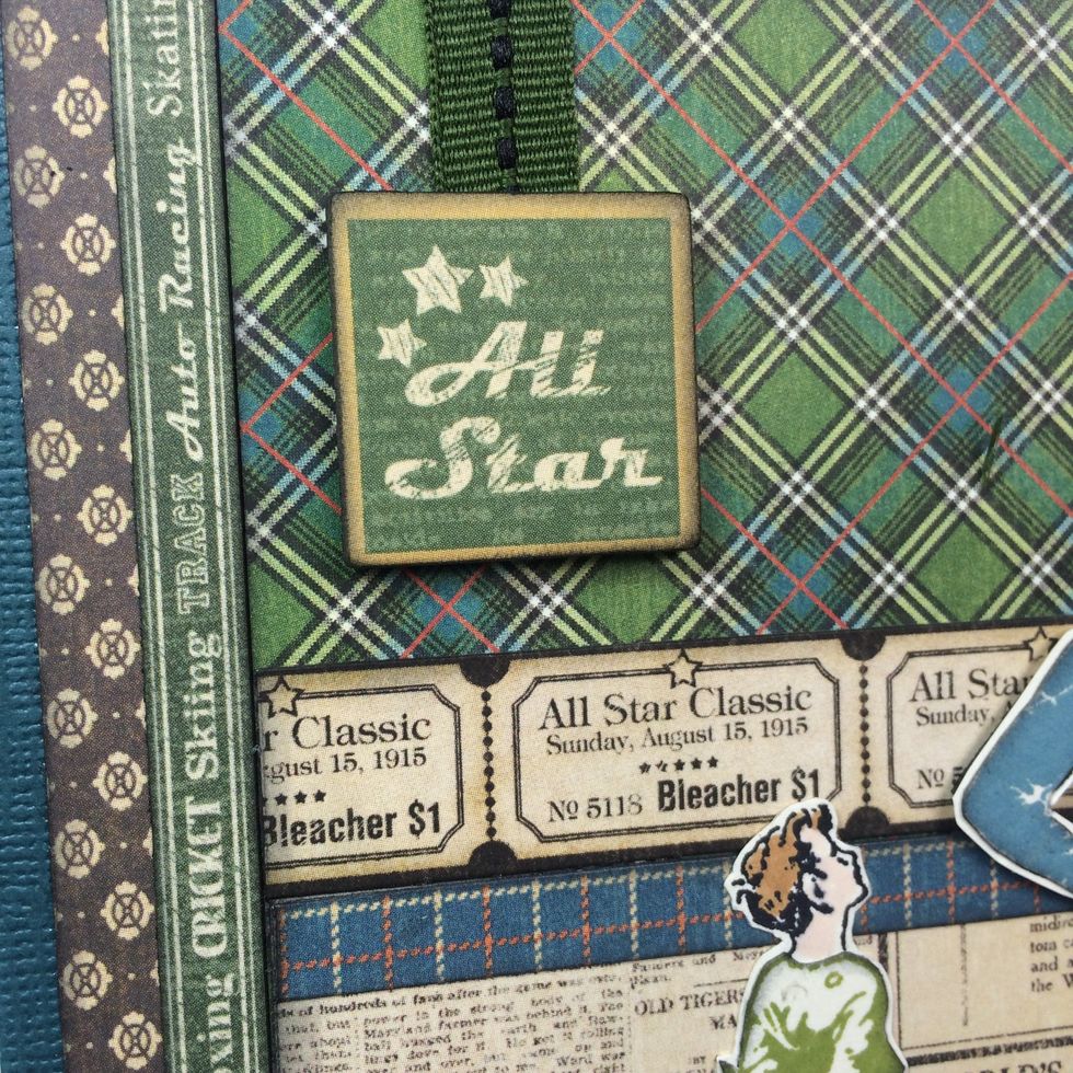 Add a chipboard tag and short piece of ribbon in upper left corner of card.