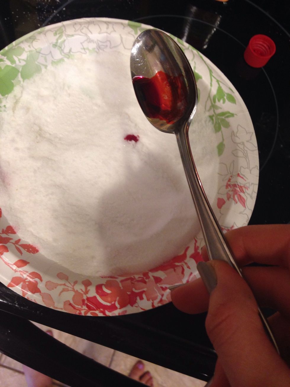 Add a couple drops of red food coloring to ONE of the plates. Remember, the color will go a long ways.