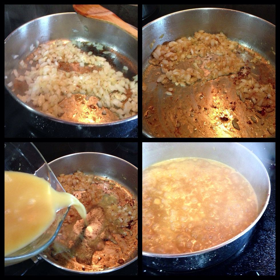 Add a couple tbsp olive oil to same pan & add onions & garlic. Saut\u00e9 over med-low until the onions are soft & carmelized. Whisk chicken stock mixture to combine, then add to onions.