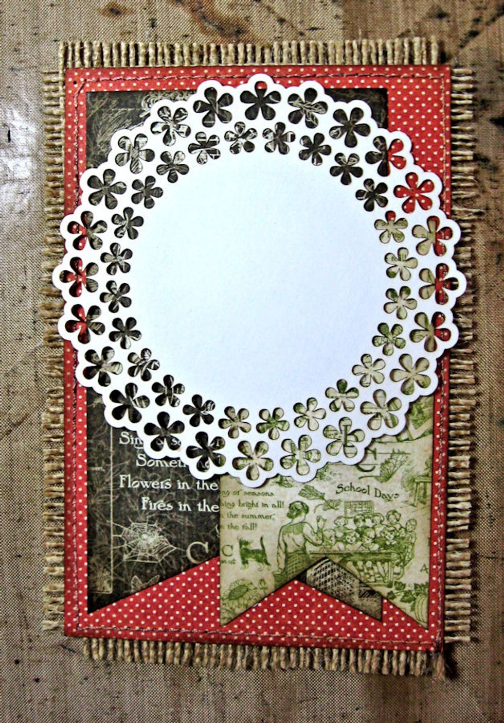 Add a doily. You can die cut from white cardstock, or use a packaged doily. This is a laser cut doily from Gypsy Soul Laser Cuts.