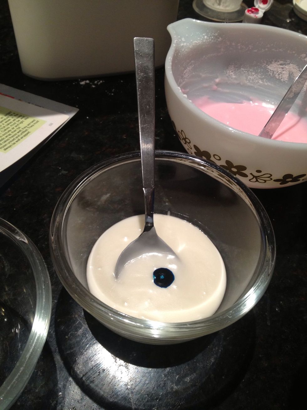 Add a droplet of blue food die (the recommended amount on the instructions of the bottle)