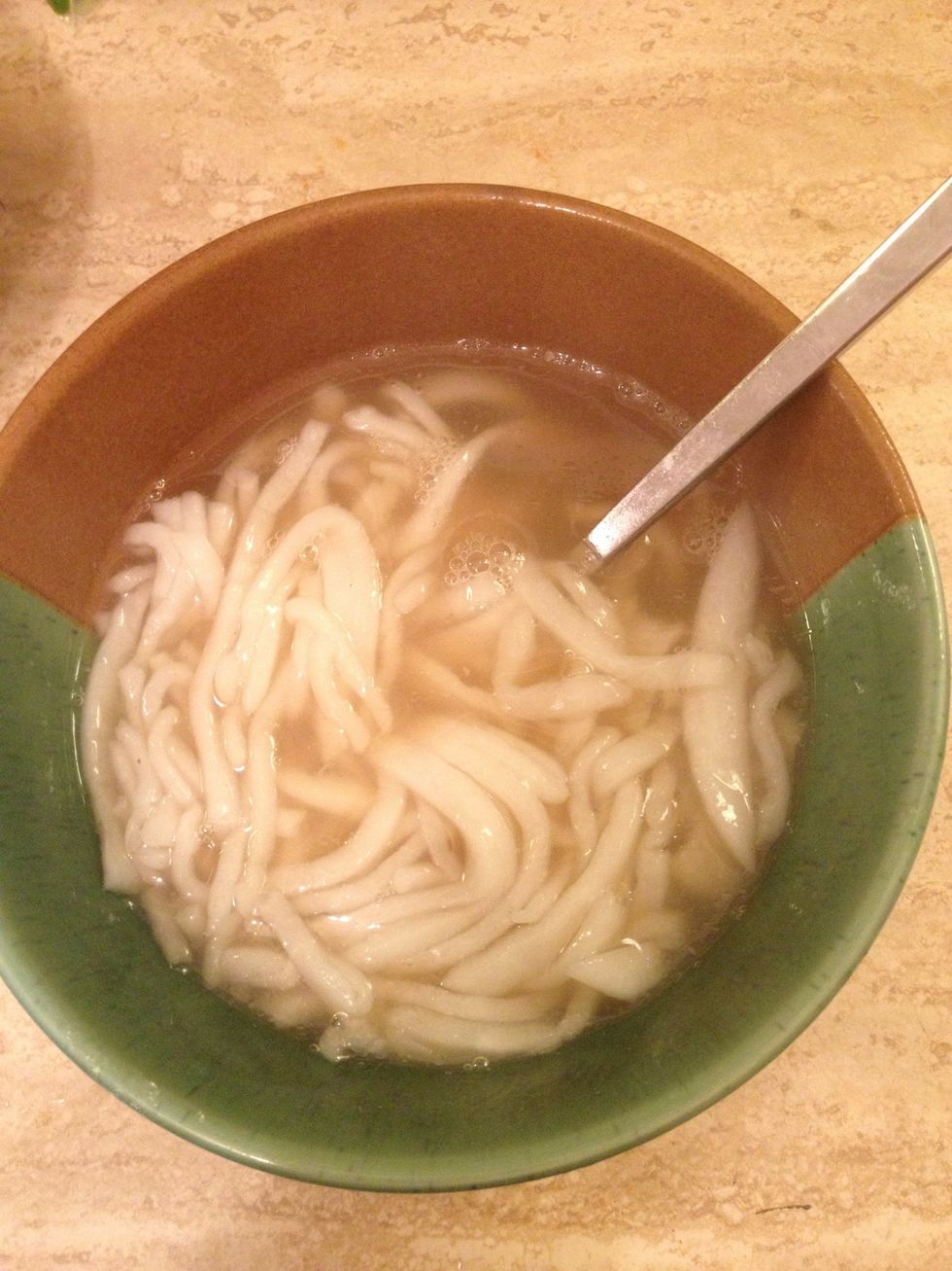 Add a few ladles of the broth as well as the chicken meat. I didn't eat any chicken but my guy did so I left the whole pieces in the soup instead of pulling off the bone.