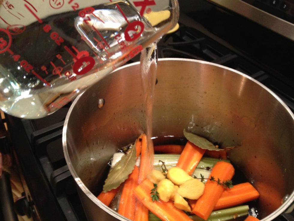 Add a gallon of water. You're done preparing the stock you'll be cooking the seitan in.