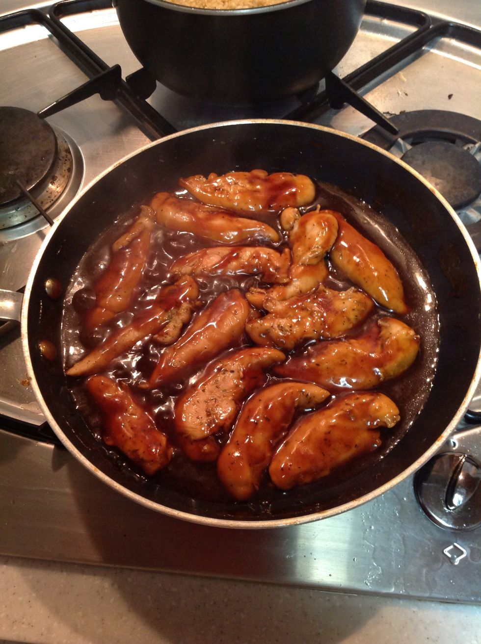 Add a generous amount of teriyaki sauce to the pan. Cook for about 3-4mins turning occasionally.
