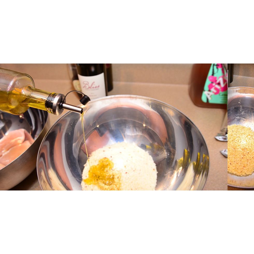 Add a good portion of olive oil, I would say 1/4 cup is a good start. Add more or less (depends on what you like. Mix it up! This creates a great bond between my chicken and parm breadcrumbs.