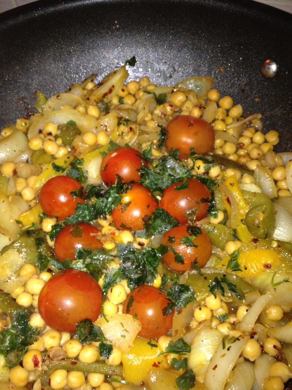 add a handful of chopped or torn coriander. do not mix.
