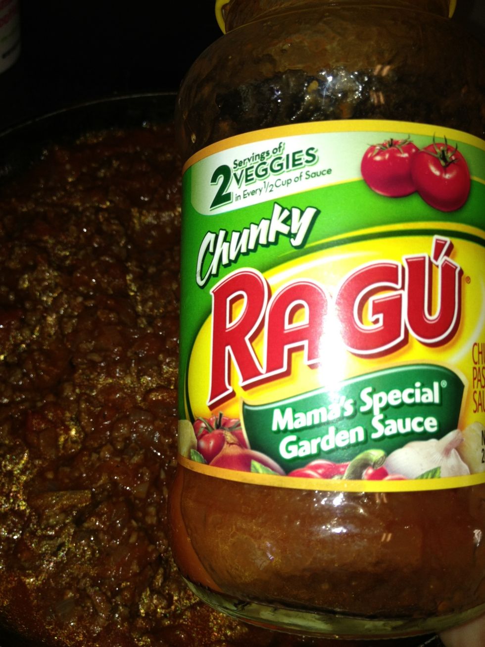 Add a jar of Ragu to the meat. I always use, Mama's special garden sauce. My family can tell if I use something different. Add a little water to the jar after pouring it over and shake up to add.