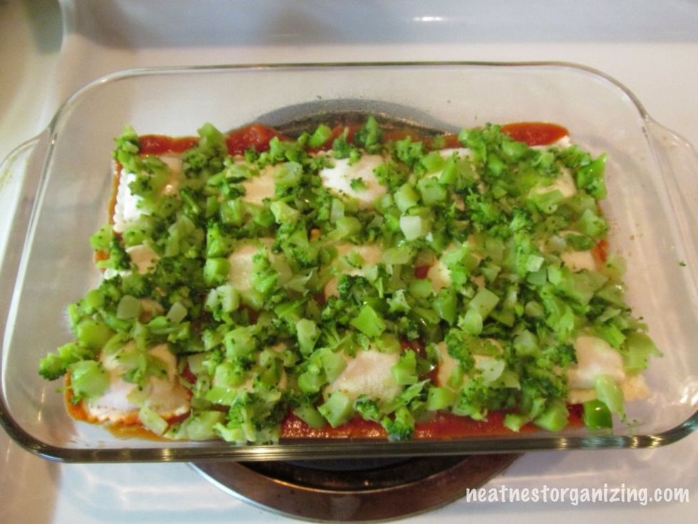 Add a layer of frozen chopped broccoli (thawed first & drained of extra liquid).