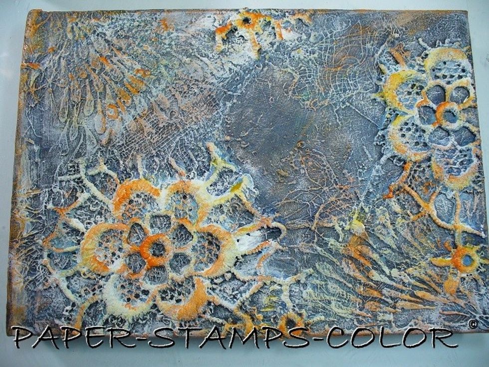 Add a layer of multi medium matte, and leave to dry. Dry brush some yellows onto the surfce, starting with Mayan Gold Velvet and Tango Velvet! LOVE the contrasts!