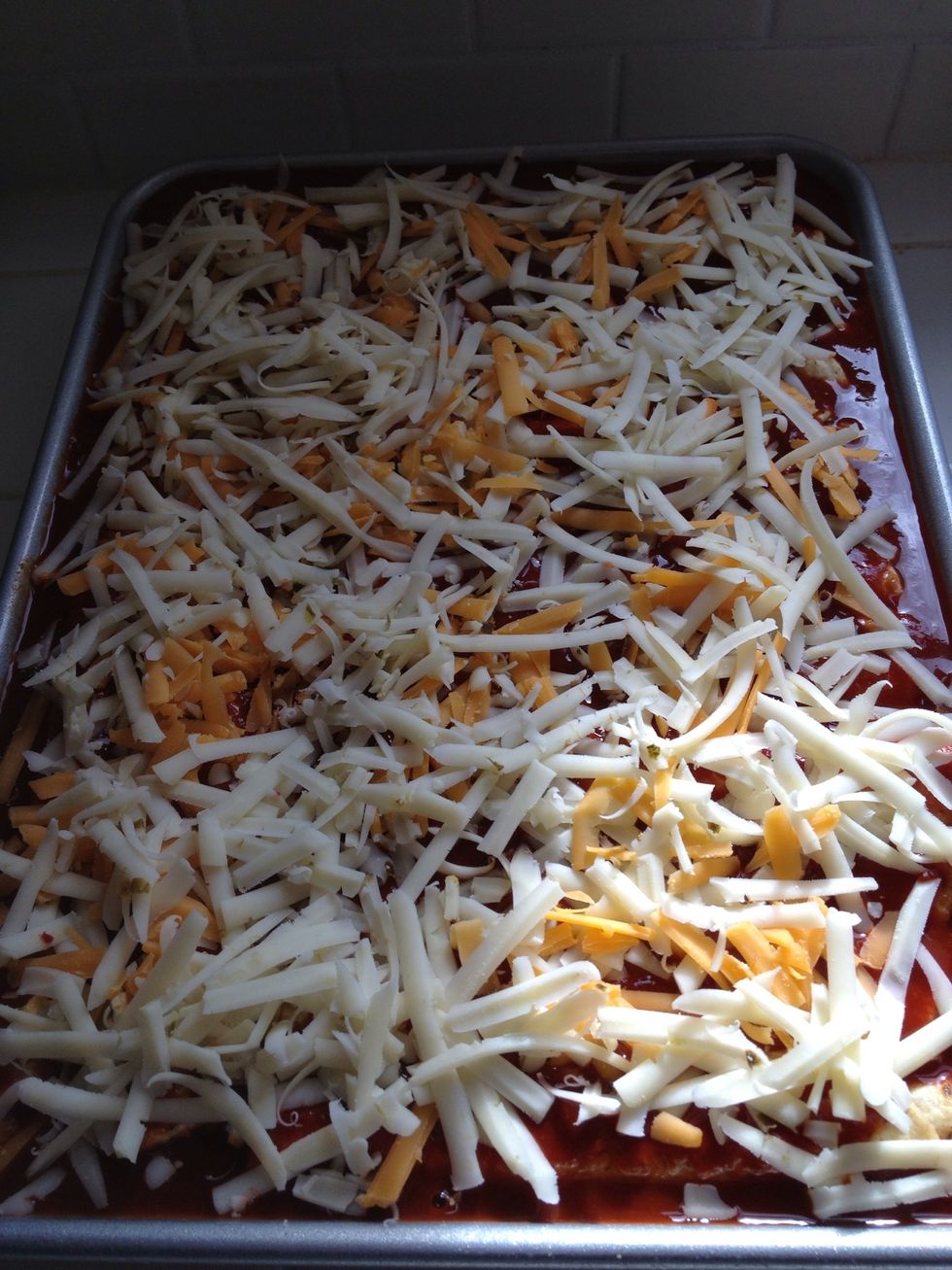 Add a layer of shredded cheese. I used some mild cheddar and some pepper jack cheese. You can buy a Mexican blend of cheeses already shredded, if you want.