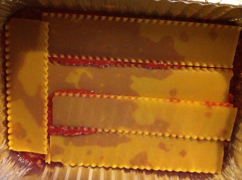Add a layer of uncooked lasagna noodles.