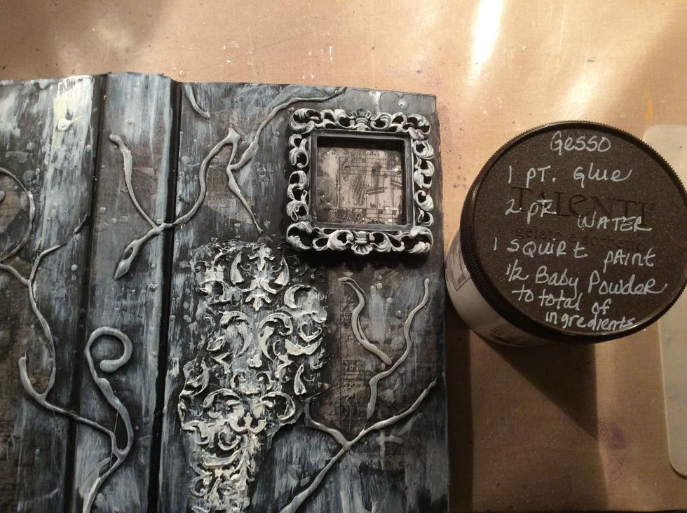 Add a light coat of white gesso to your cover. The white will allow for your paints and mists to pop. The gesso I used is homemade and the recipe is written on the lid of my jar.