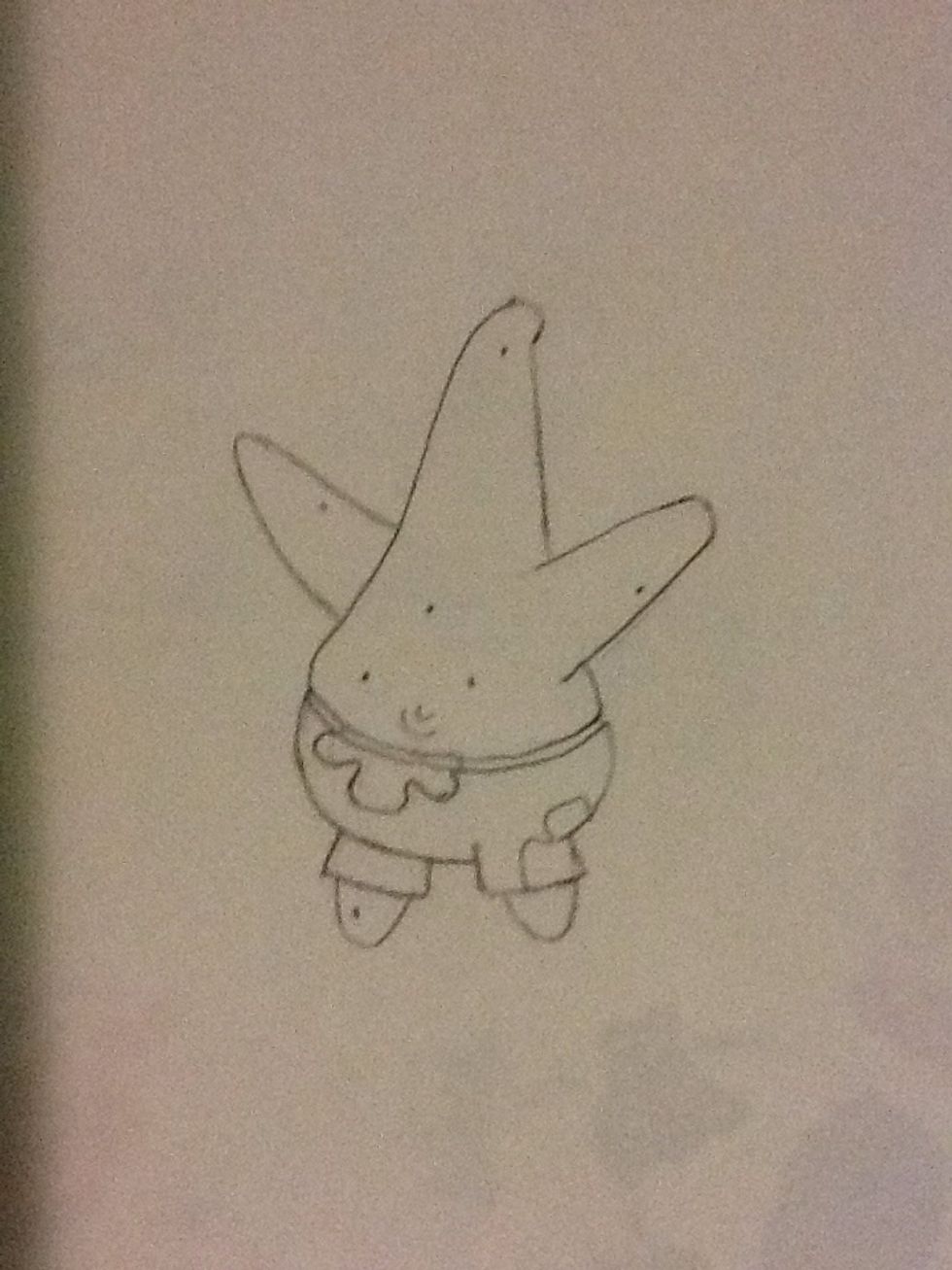 Add a line across his pants and two flowers.