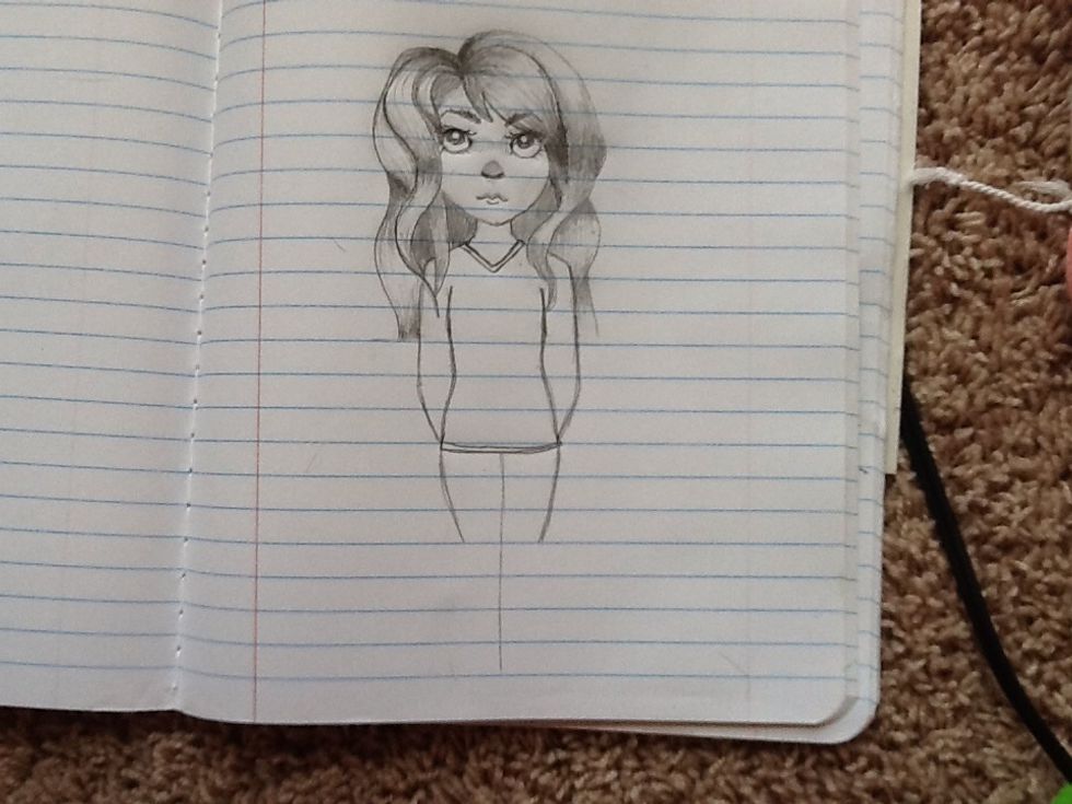 Add a line going down the middle of her body, to have a good judgment about where her legs should go, and make them go into the line to create a (thigh)