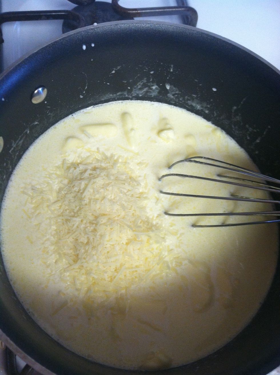 Add a little bit of parmesan. At a time keep stirring till thick when its done pit it on low and strain the noodles