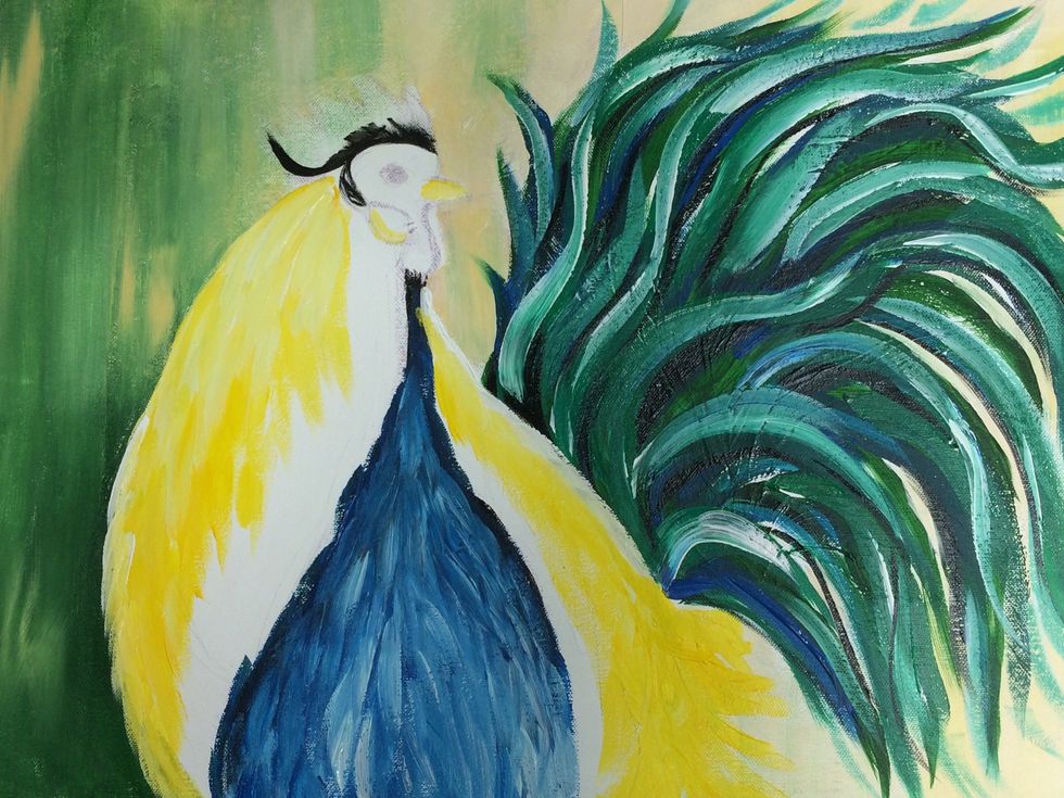 Add a little yellow to the beak and weird white circle on his face.