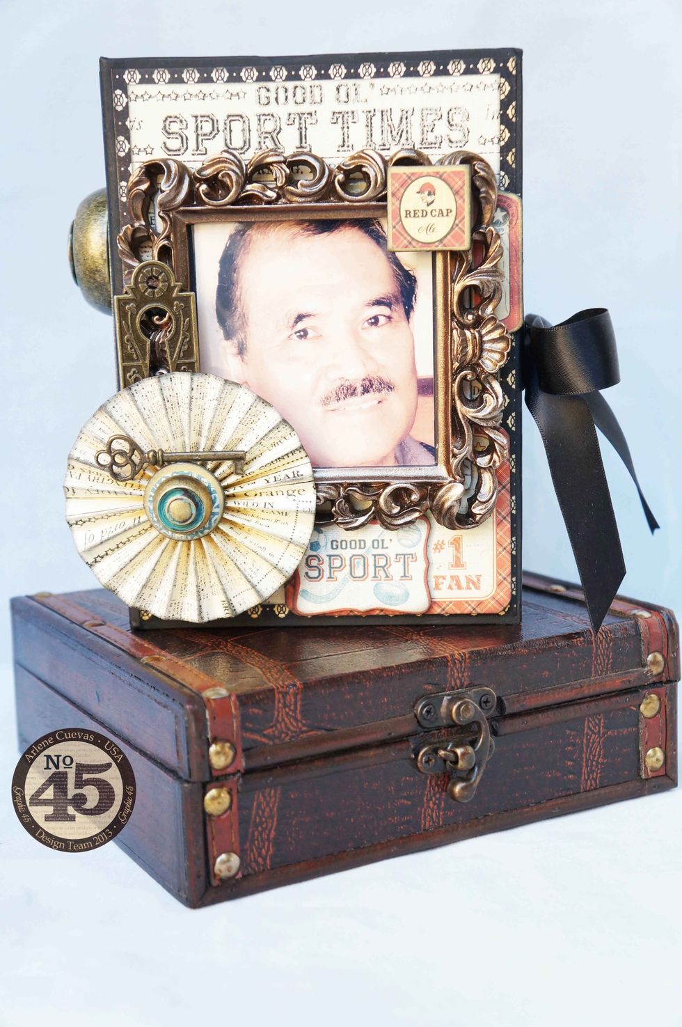 Add a photo of Dad in the frame before adhering it down to the project. Adhere frame to box with a strong adhesive like E6000.