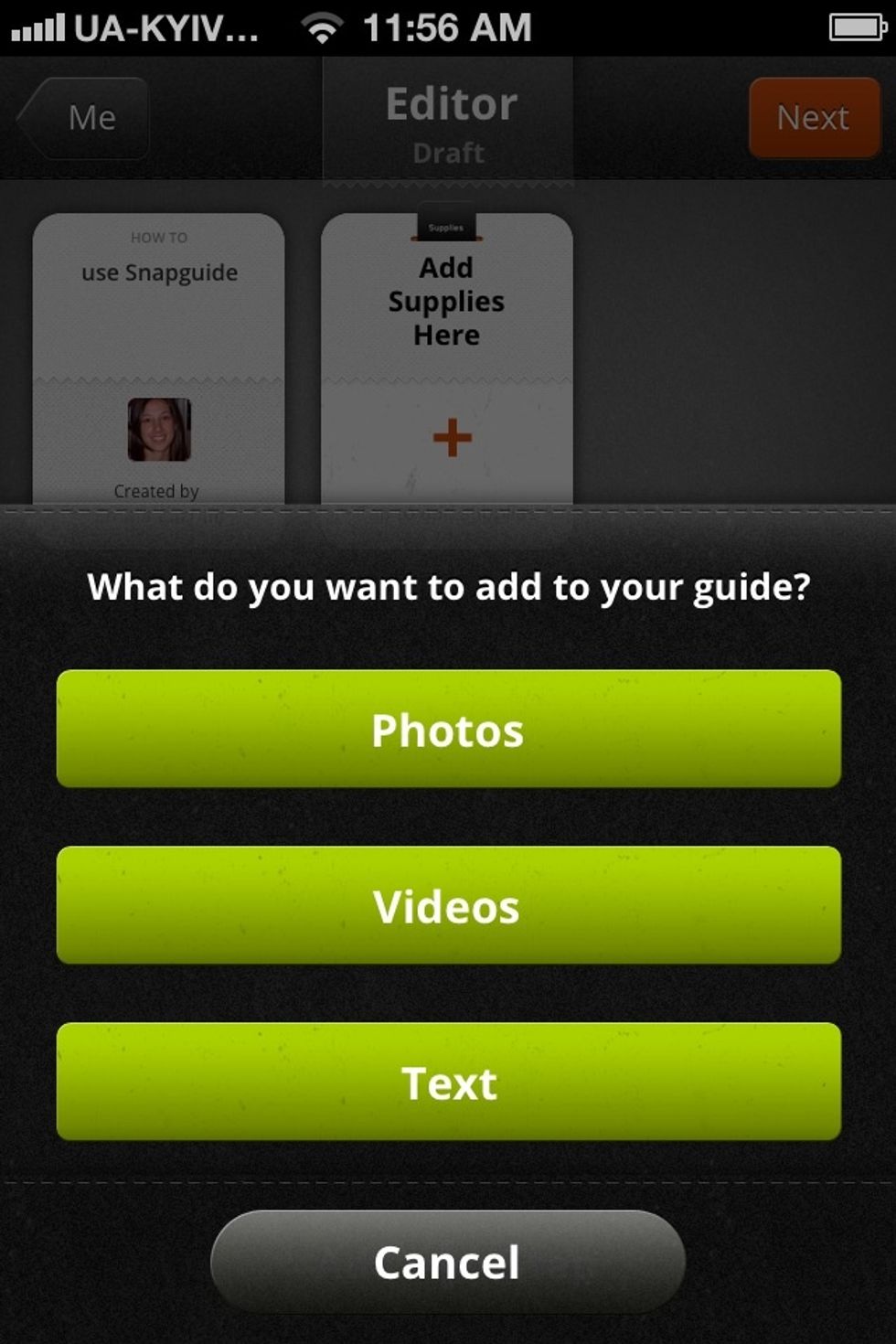 Add a photo (take one as you go or upload photos you had taken previously), a video or text
