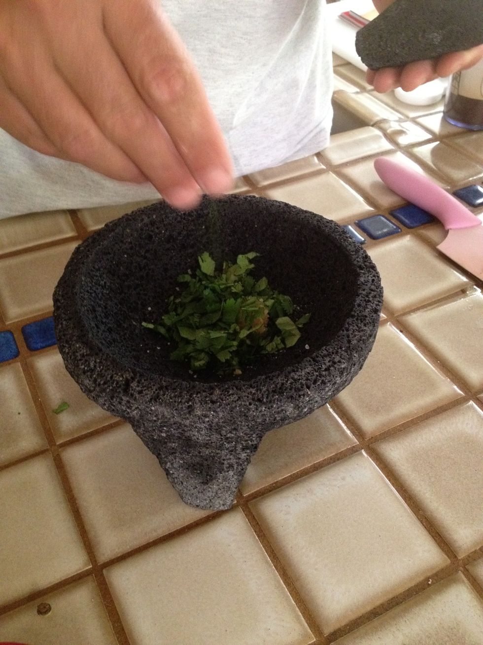 Add a pinch of salt and half the cilantro.