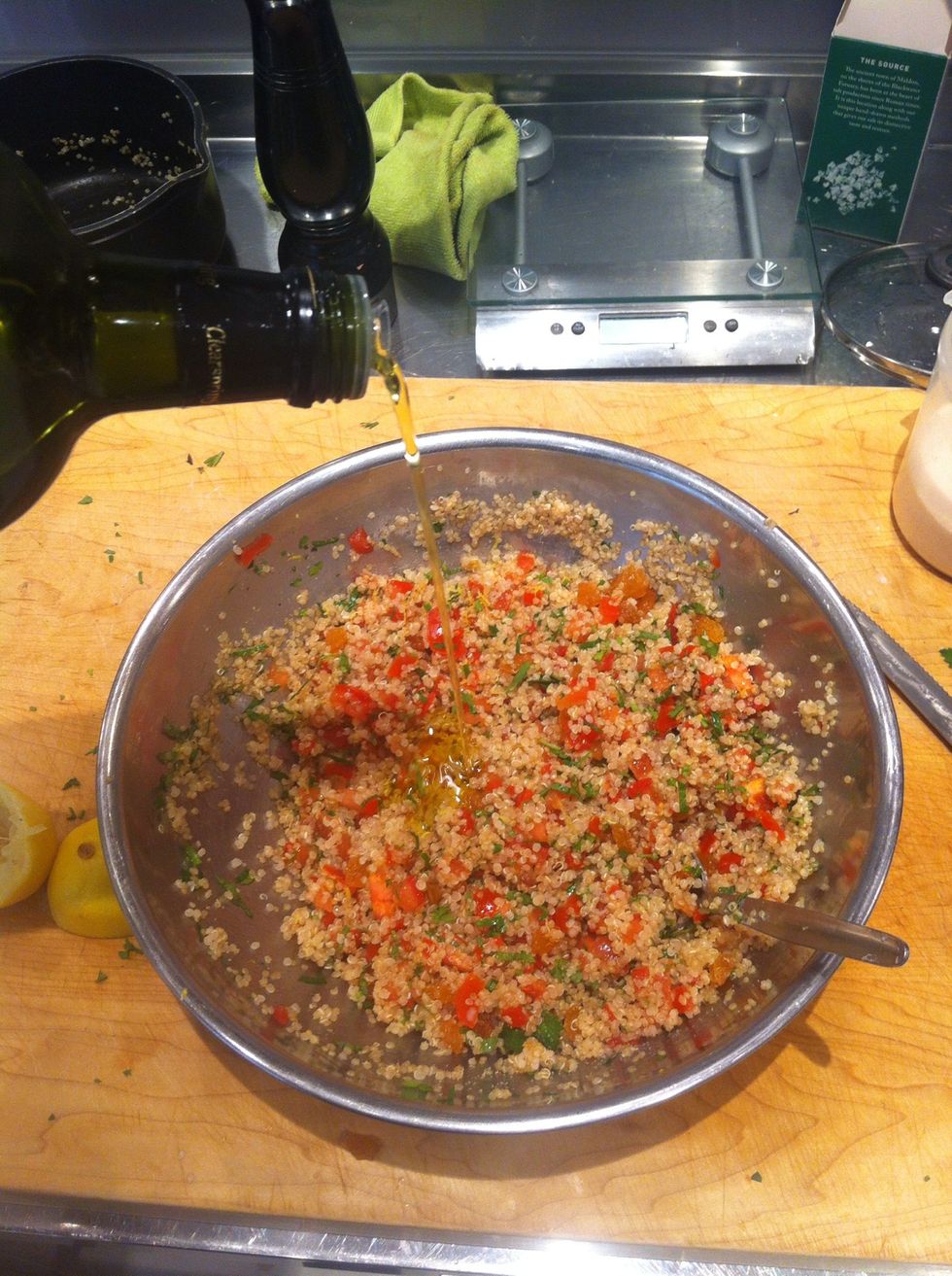 Add a really good glug of extra virgin olive oil, season with salt and pepper. I'd say 3-4tbsp if your really not sure how much...