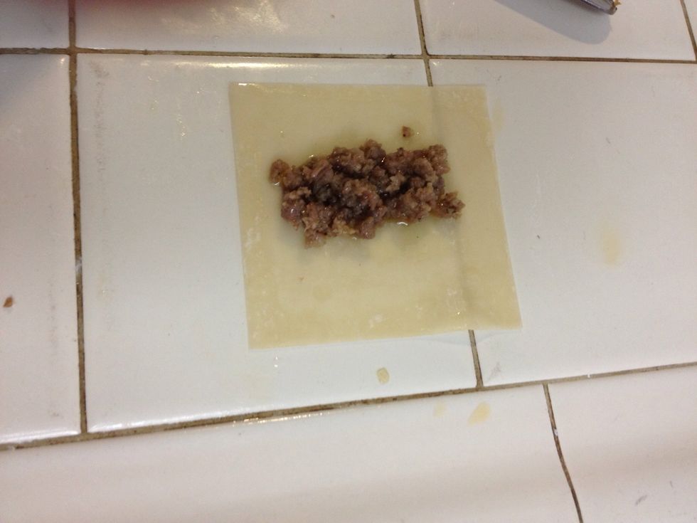 Add a scope of cooked and seasoned sausage. Wet edges with water before you roll up in little taco's.