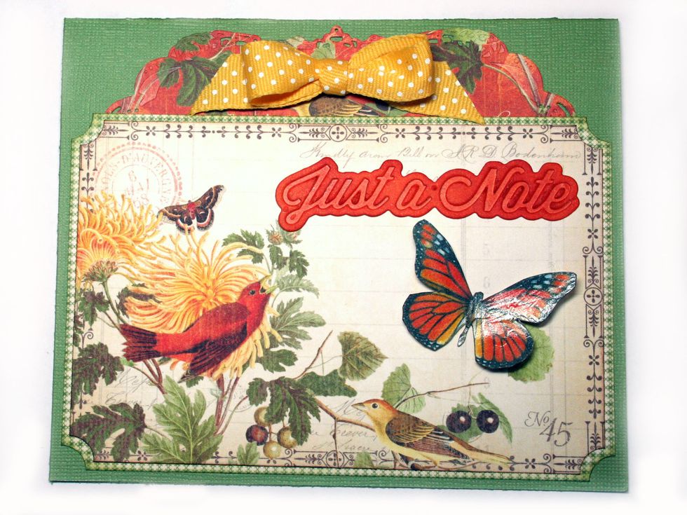 Add a sentiment near the top of the cut apart. I used a Spellbinders D-Lites die for my sentiment. Embellish with a bow and butterfly as shown. That's it, quick and easy.