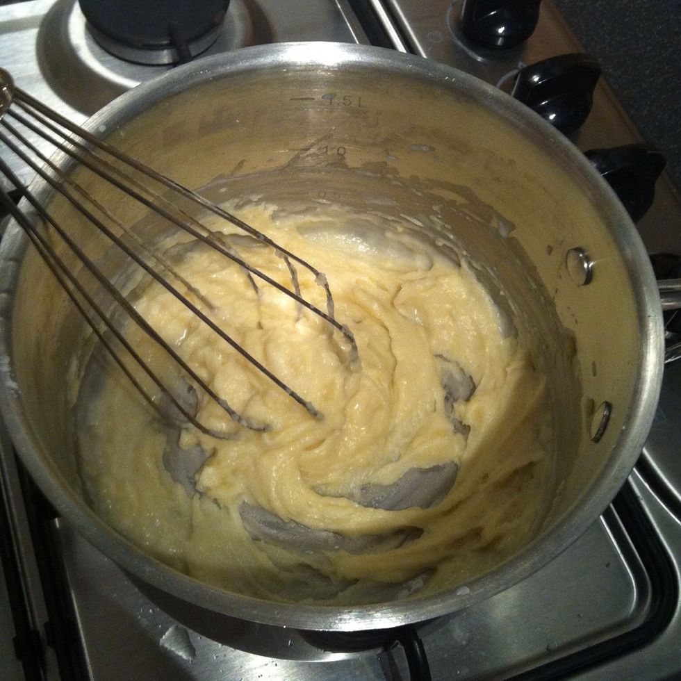 Add a small amount of milk and whisk slowly, it will thicken quickly. Add a little more milk and whisk slowly. Continue until you have a nice smooth sauce, no one wants lumpy sauce, yuk