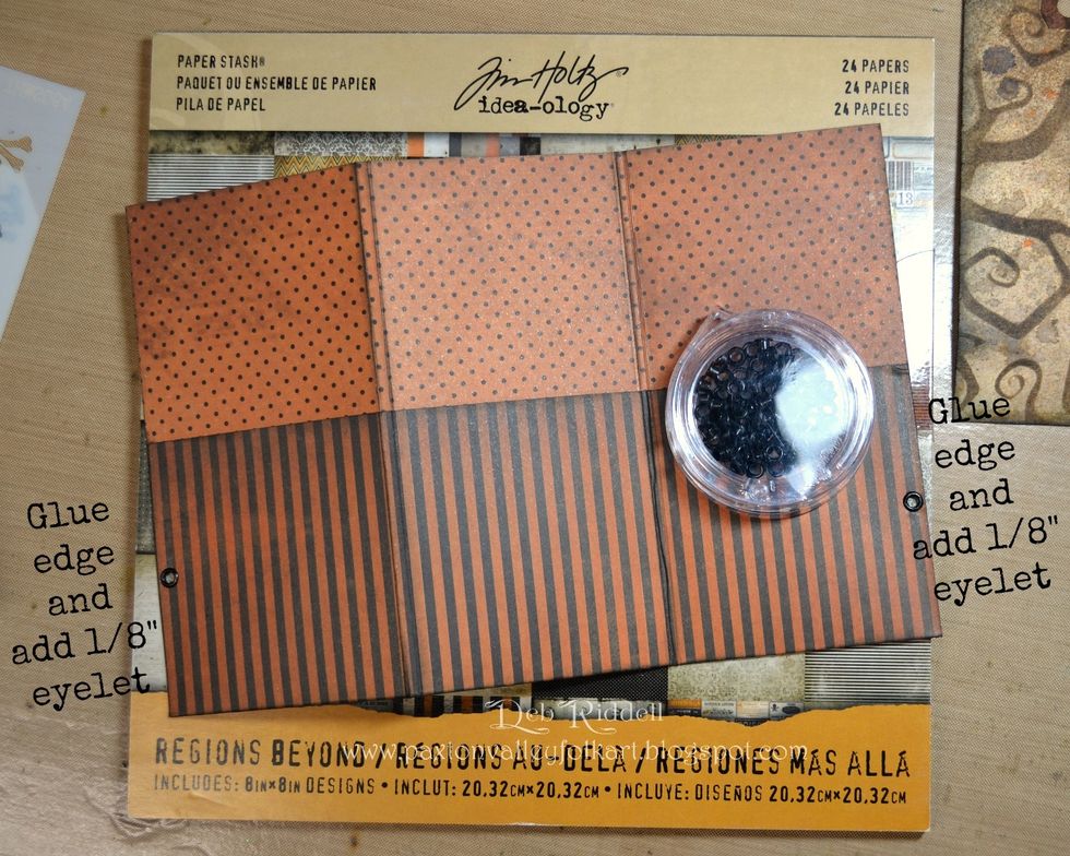 Add a small bead of wet adhesive down the outer edges only of the right and left pockets. Don't add too much or your pocket will get too narrow. Set your 1/8" eyelets on the right and left edges.
