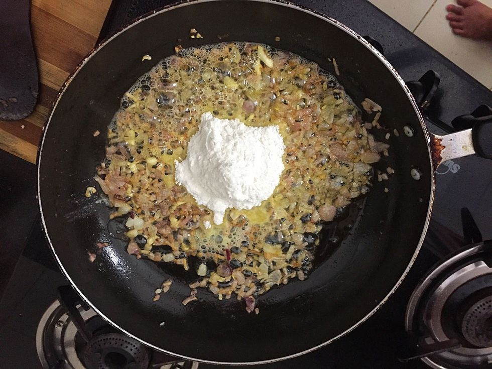 Add a table spoon of flour ( I added a little extra by mistake) and stir. Add Rosemary. Add the chicken broth and stir. Add salt if requires