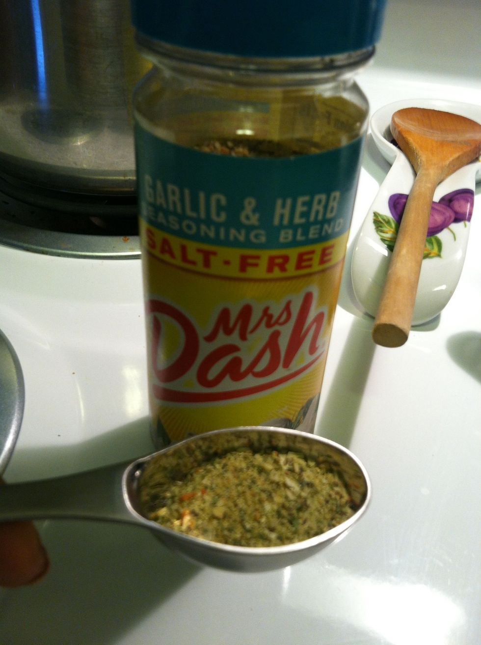 Add a table spoon of Mrs. Dash *** NOTE!!!: this Mrs. Dash I am adding is salt FREE, no salt in it at all! I used it because I already added salt to the rice in the beginning