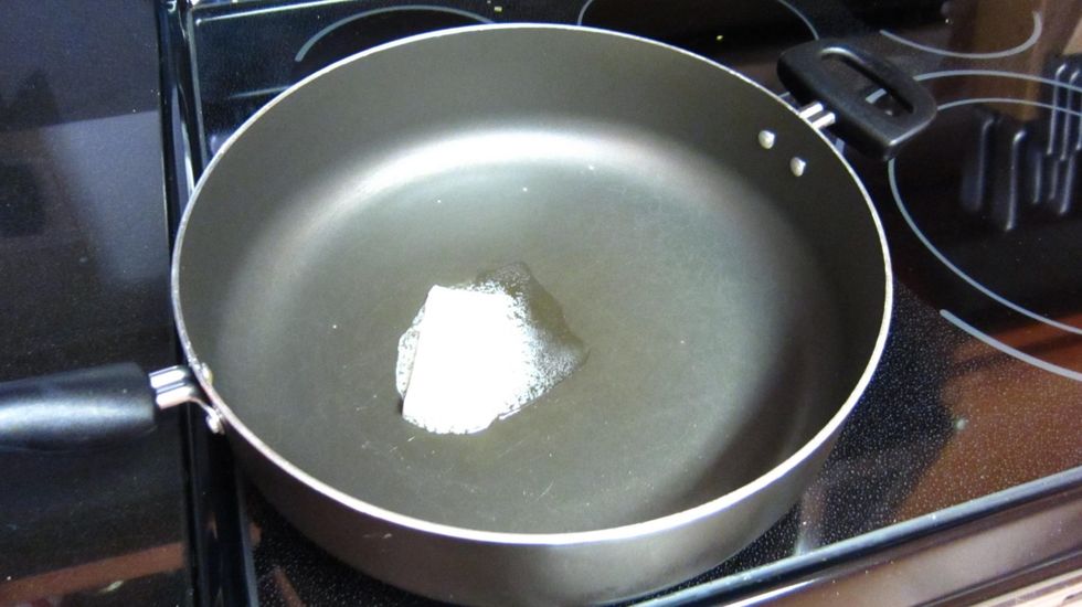 Add a tablespoon (more if you want) butter and heat on medium heat. If you use high heat the butter will froth and burn and ruin your French Toast.