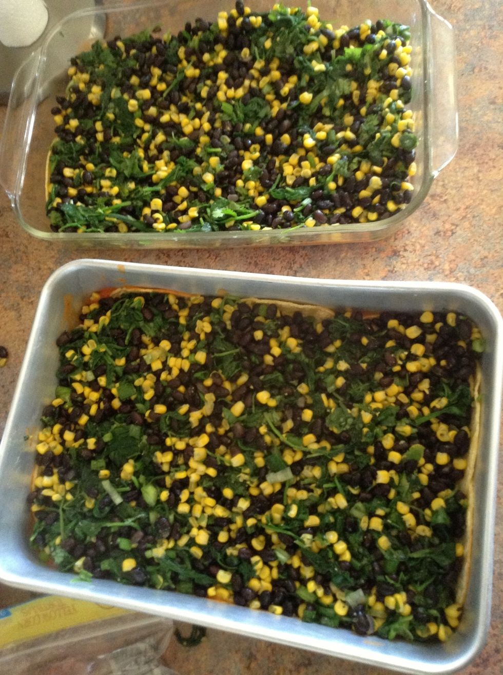 Add a thick layer of the spinach mixture on top of the corn tortillas