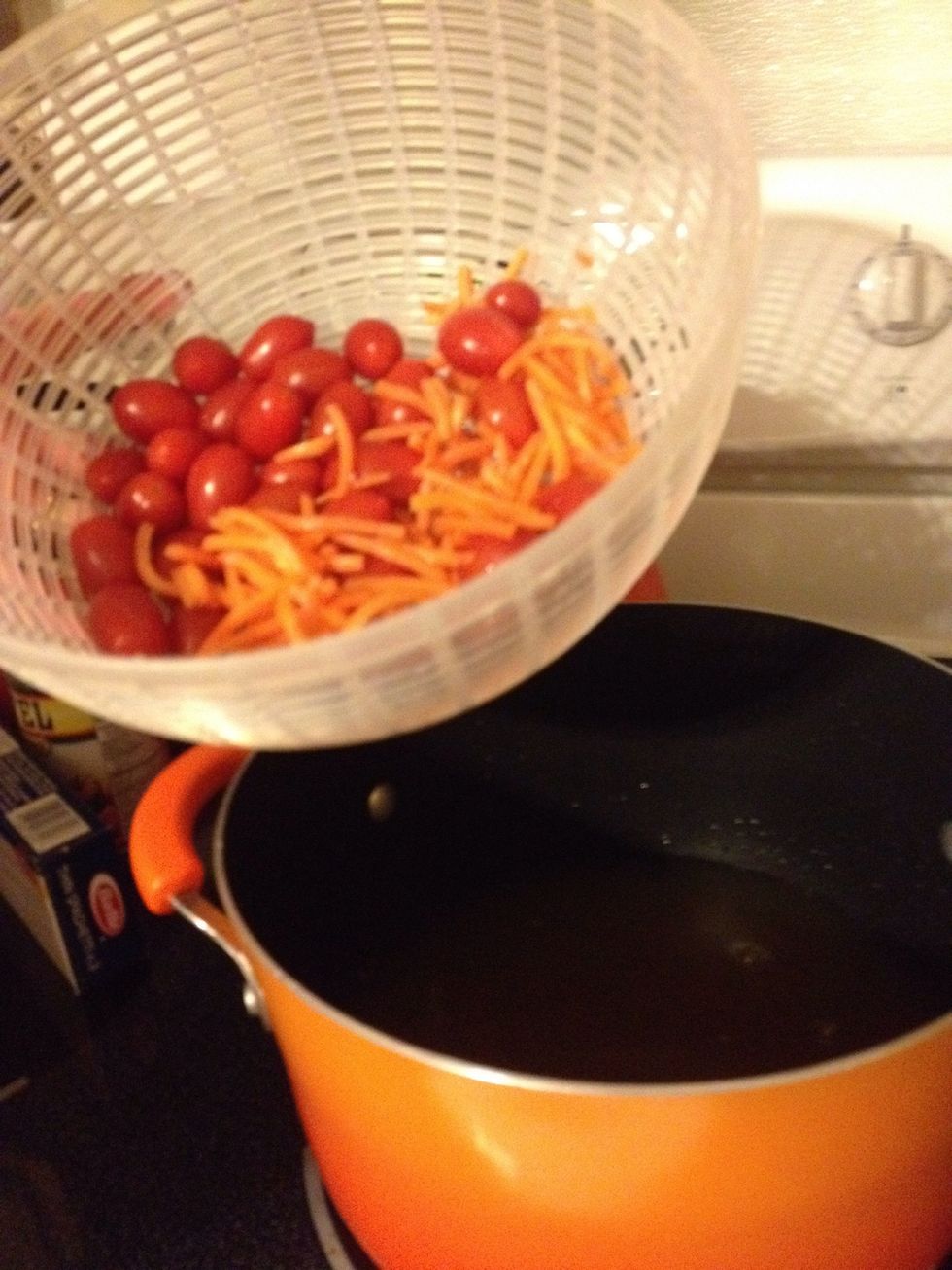 Add a whole container of cherry tomatoes and a hand full (or two) of cheese