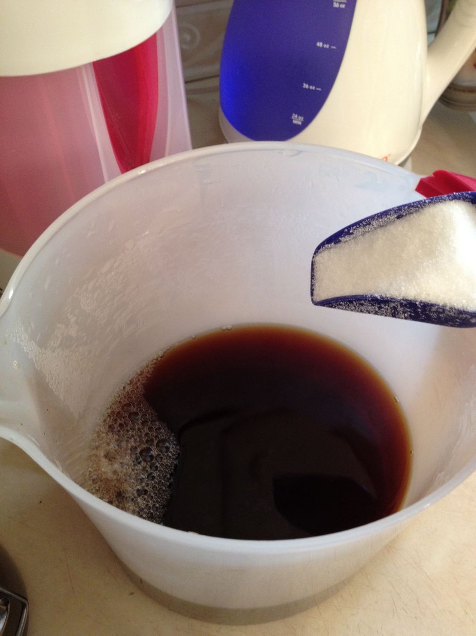 Add about 3/4 cup to 1 cup of sugar for a lightly sugared tea. If you like it sweeter then add what you desire. You may also add a couple tablespoons of lemon juice.